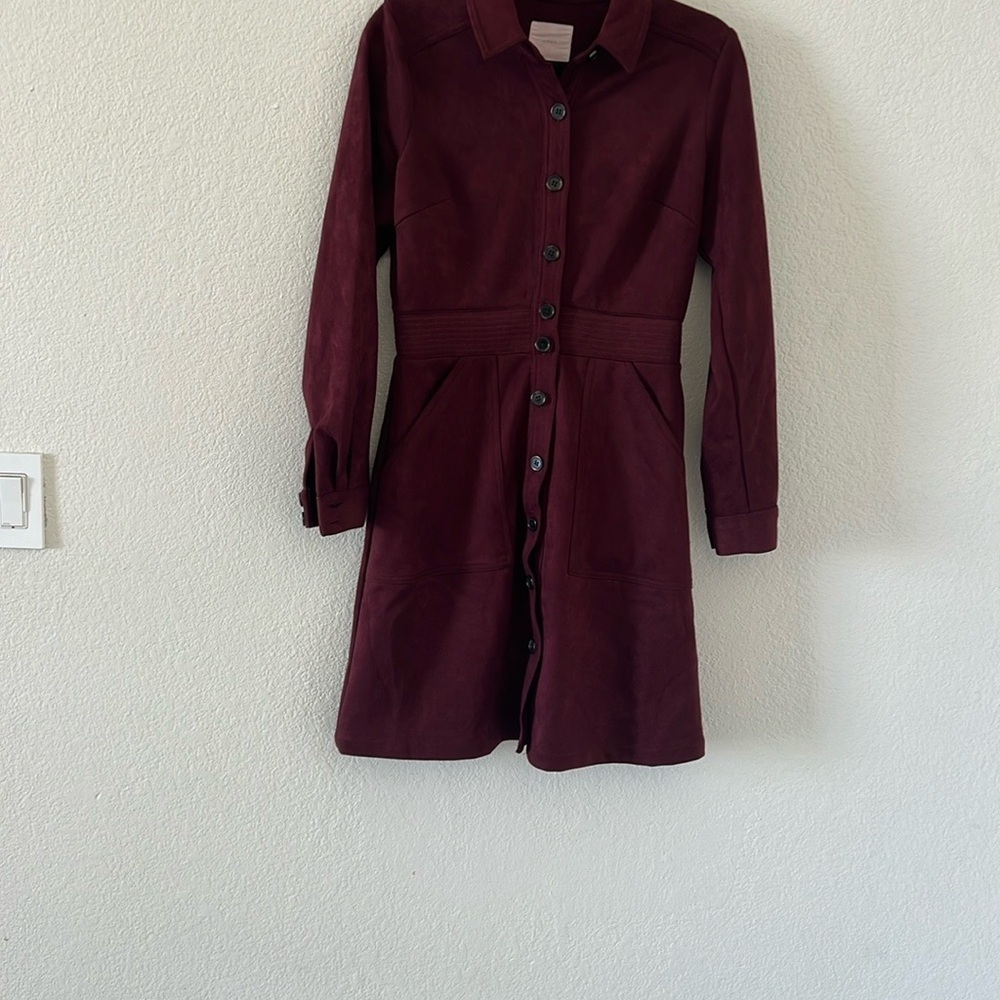 A LOVE DRESS FAUX SAUDE Burgundy Button-Up Dress LONG SLEEVE